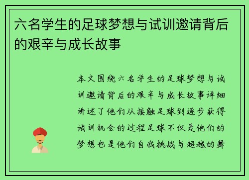 六名学生的足球梦想与试训邀请背后的艰辛与成长故事