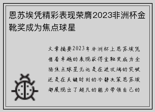 恩苏埃凭精彩表现荣膺2023非洲杯金靴奖成为焦点球星