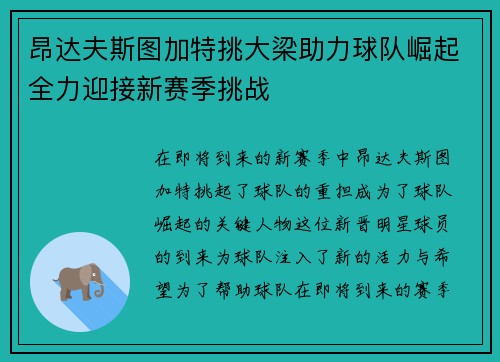 昂达夫斯图加特挑大梁助力球队崛起全力迎接新赛季挑战